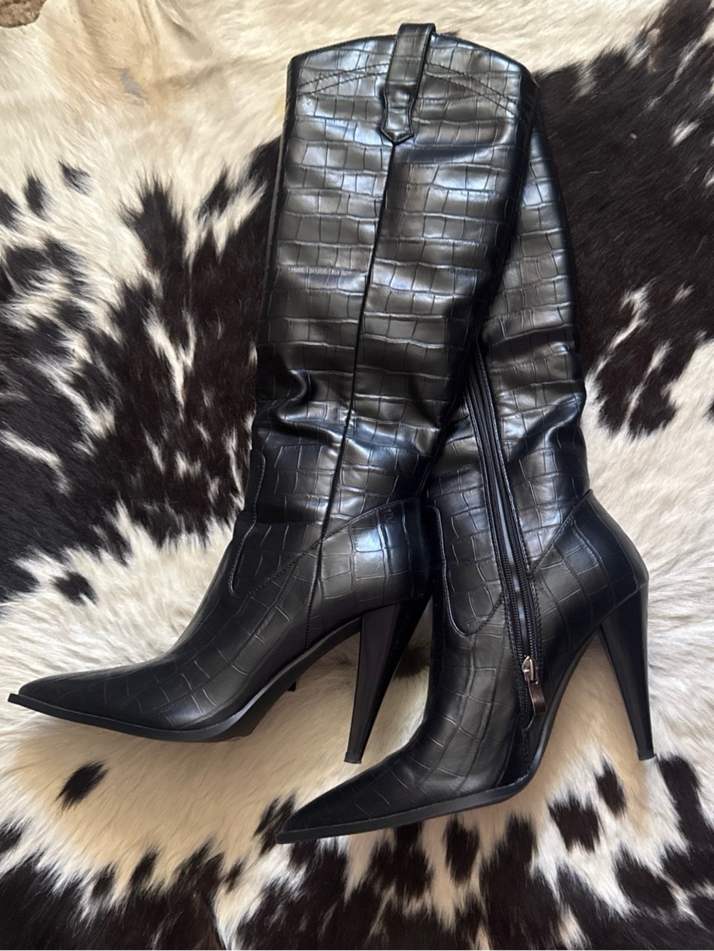 Black Croc-Embossed Pointed Toe Stiletto Knee Boots